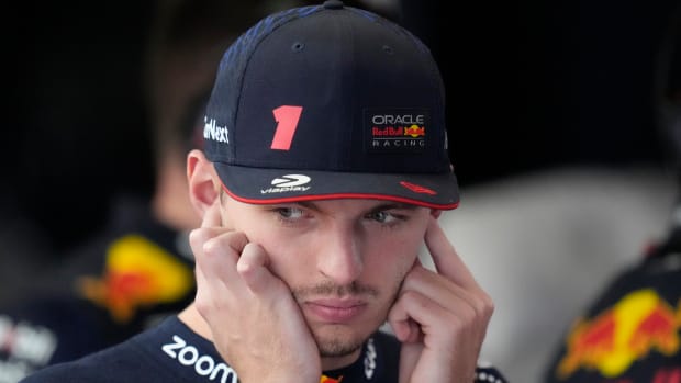 Closeup of Max Verstappen in the garage